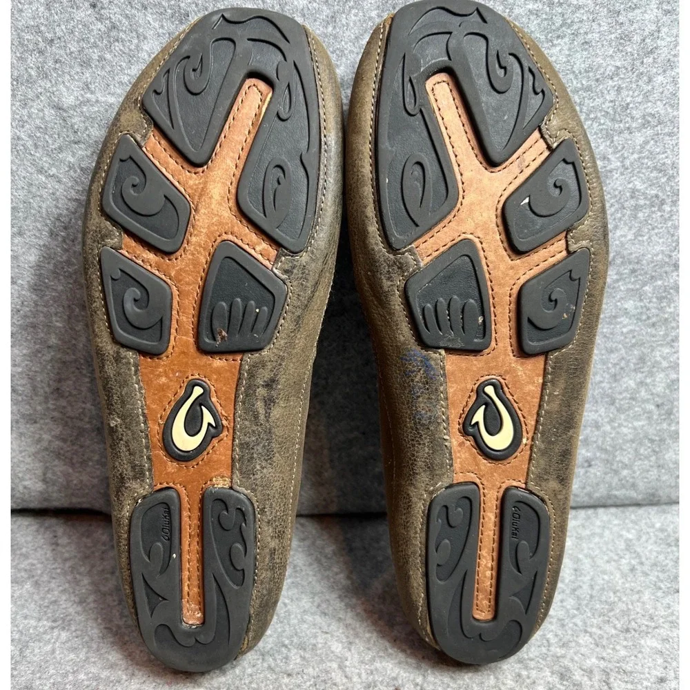 OluKai Moloa Mens Leather Loafers Dark Wood Brown Slip On Shoes Size 10